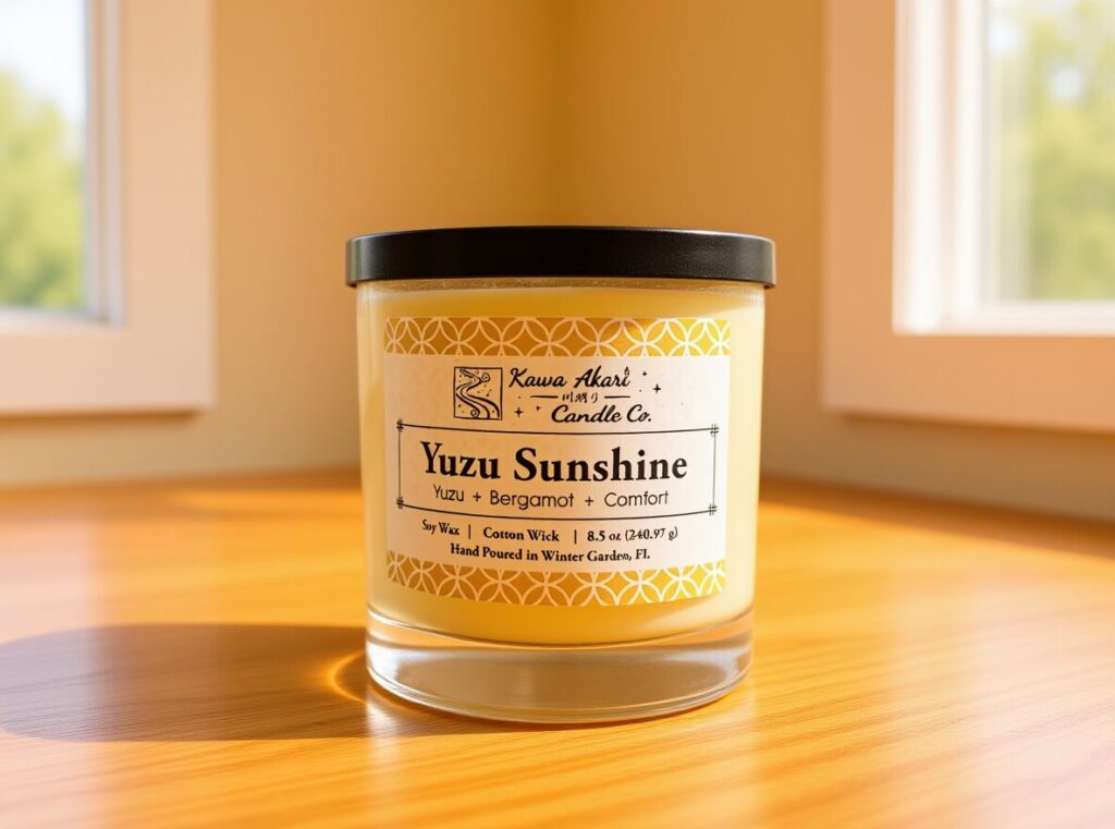A medium sized Yuzu Sunshine soy wax candle sitting on a wooden table with sunlight shining in through windows.