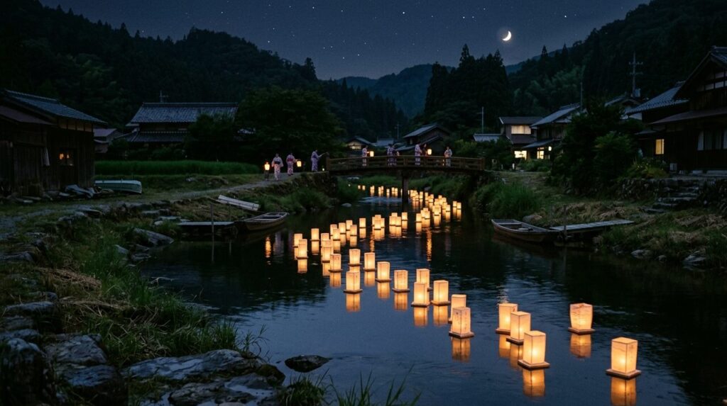Glowing candles on a river.